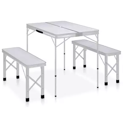  Kokoontaitettava Retkipöytä 2 Penkillä Alumiini Valkoinen