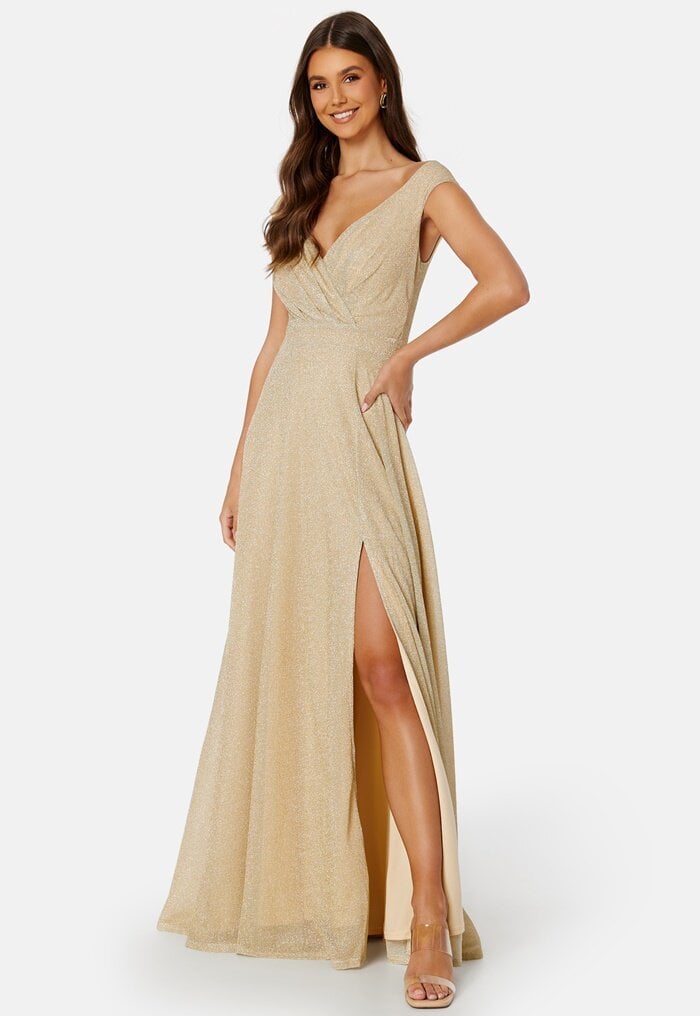 Goddiva Glitter Wrap Maxi Dress Light Gold Xxs Uk6