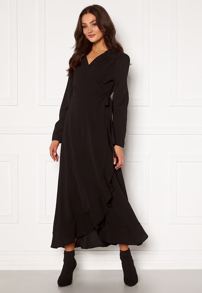 John Zack Long Sleeve Wrap Frill Maxi Dress Black