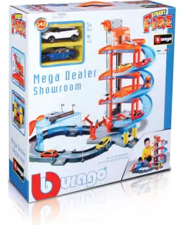 Bburago Street Fire Mega Dealer Showroom Parkkitalo + 2 Pikkuautoa