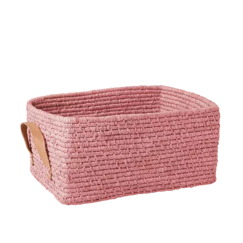 Rice Raffia Rectangular Basket W. Leather